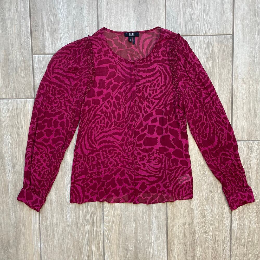 Paige Silk Blouse Womens Small Pink Zebra Print Sheer Button Front Rumba Red